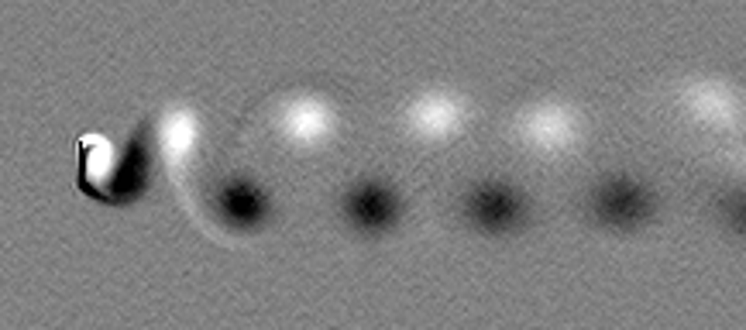 The vortex street behind the plate: alternating white and black spots on a grey background.