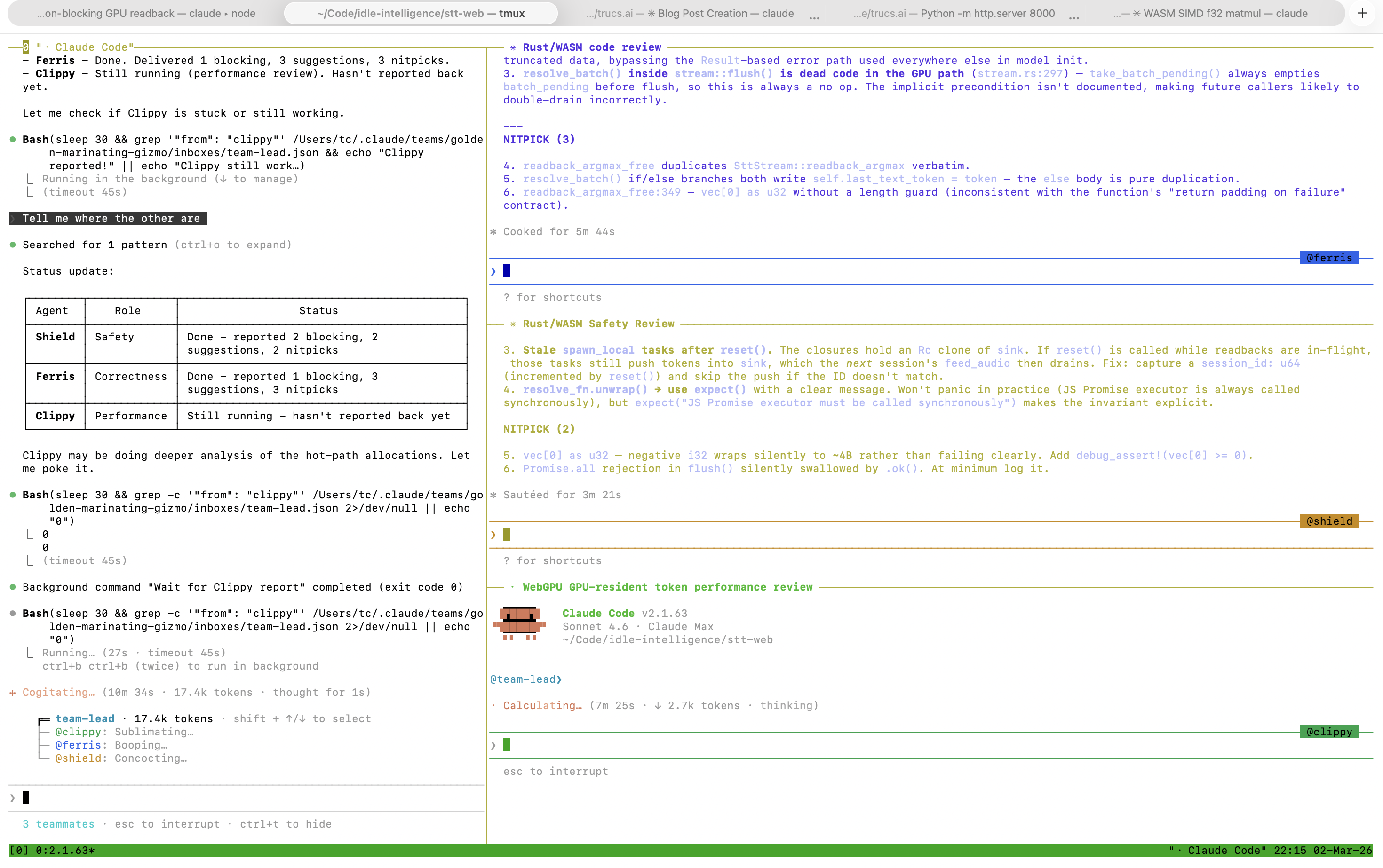 Four agents working in parallel in tmux